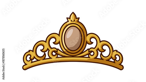 An elegant golden tiara adorned with intricate scrollwork and a prominent central gemstone, isolated on a white background.