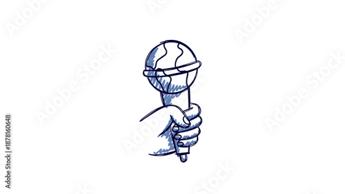 A stylized sketch illustration of a hand firmly gripping a classic microphone, ready for speech or performance.