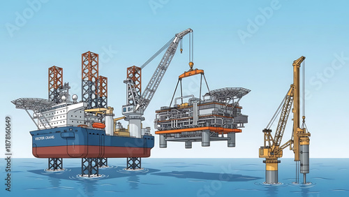 Oil An offshore oil rig with a large crane lifting a platform in the ocean