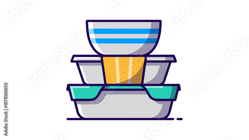 A neat stack of colorful, reusable food storage containers and a striped bowl, illustrating organization and meal prep.