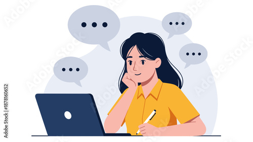A young woman sitting thoughtfully in front of her laptop, surrounded by chat bubbles, engaged in online communication or work.