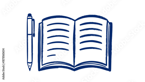 A simple sketch illustration featuring an open book with lines and a pen beside it, symbolizing learning and writing.