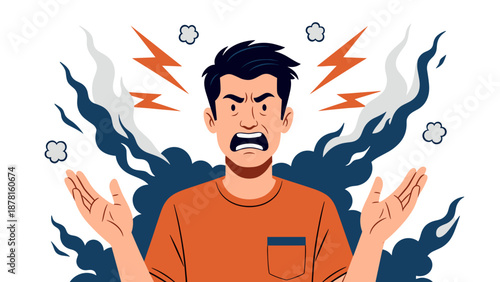 An angry and frustrated man is shown with smoke rising from his head and lightning bolts, symbolizing intense rage.