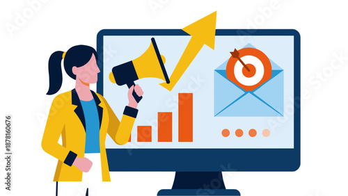 A woman with a megaphone next to a computer monitor showing marketing graphs, a target, and an email campaign.