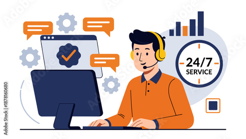 A friendly male customer service representative with a headset, working at a computer, with 24/7 service and chat bubbles.