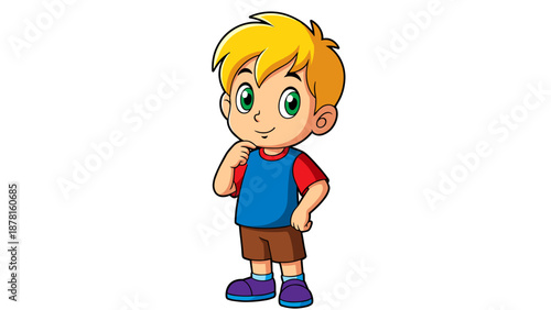 A thoughtful young boy with blonde hair and green eyes stands, touching his chin, deeply contemplating something important.