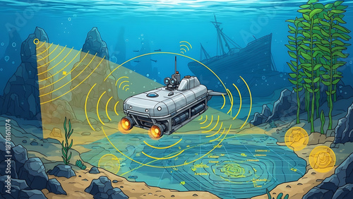Oil An underwater scene featuring a robotic submersible exploring the ocean floor with a yellow sonar beam.