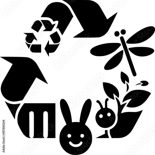 Eco-Friendly Harmony: A captivating illustration featuring the iconic recycling symbol, interwoven with delicate botanical elements and whimsical animal life.