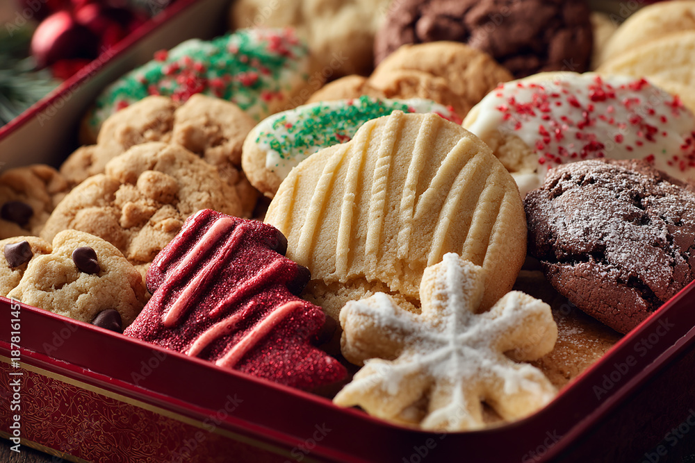 Fototapeta premium Christmas cookie tin overflowing with assorted festive cookies perfect for holiday celebrations