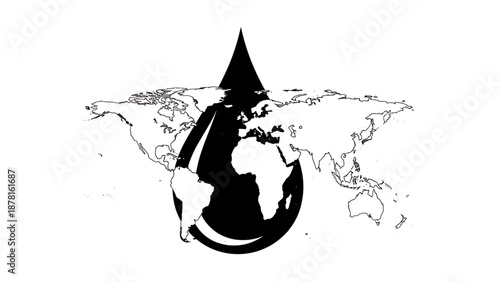 Oil A black and white vector graphic illustration of a globe with a drop shape and a pointed triangle on top