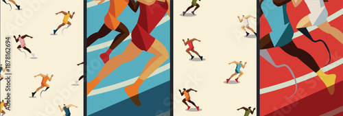 Minimalist running poster set with a powerful athlete in motion. Flat illustration for sport branding, fitness ads, motivation posters, and active lifestyle visuals.