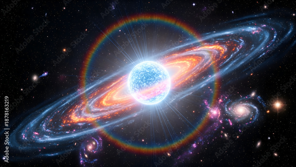 Fototapeta premium Vibrant galaxy with rainbow halo and bright star at center