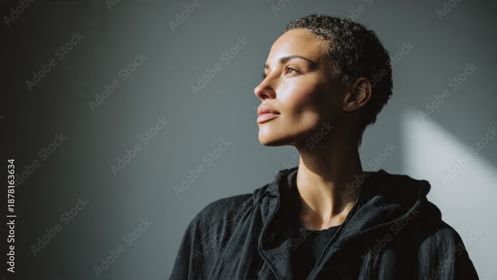 Obraz premium Contemplative Woman in Black Shirt Looking Up