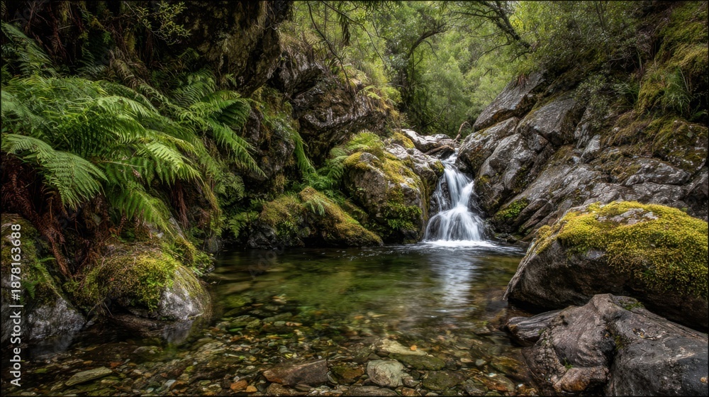 Fototapeta premium Miniature waterfall cascading over moss-covered rocks in a lush forest stream