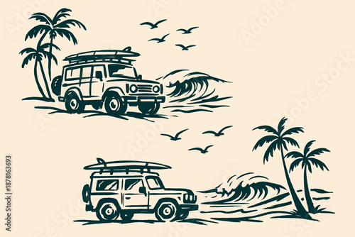 Surf car with palm trees and ocean waves sketch vector illustration