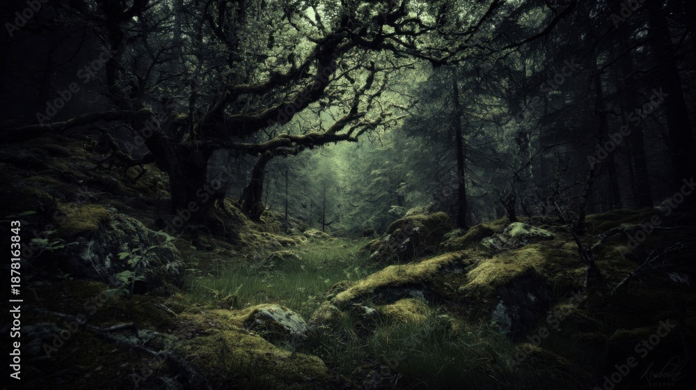 Fototapeta premium Enchanting forest pathway bathed in twilight, mossy trees and rocky terrain creating a mystical woodland atmosphere.