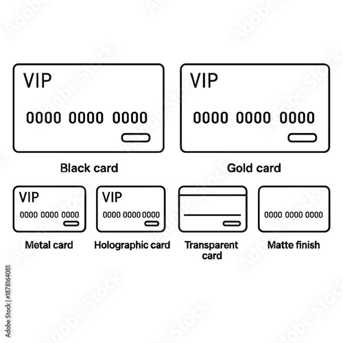 Diverse vip card concepts featuring black, gold, metal, and holographic designs