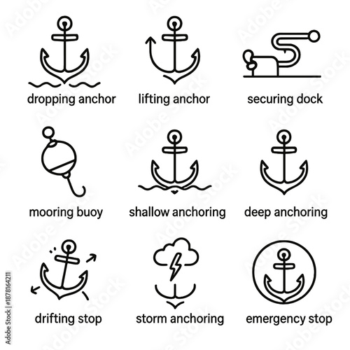 Nautical anchor icons set: dropping, lifting, securing, mooring, anchoring, emergency