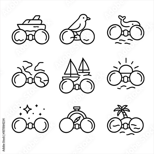 Minimalist binocular icon set featuring travel and nature themes