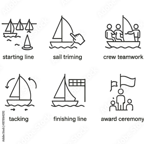 Sailing icons: race, navigation, and awards in simple line art