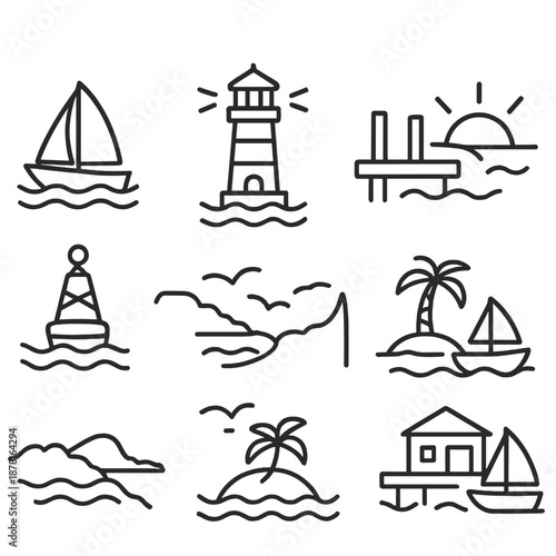 Minimalist nautical icons set with boats, lighthouse, and sunset