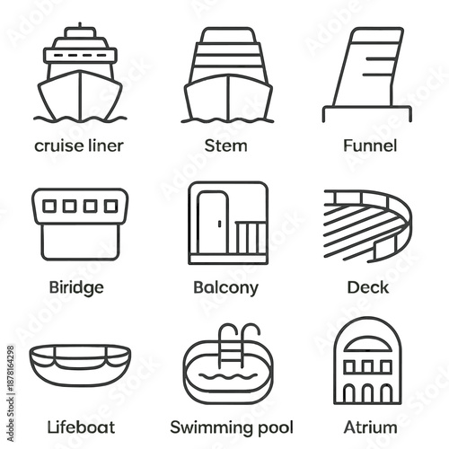 Cruise liner icon set featuring stem, funnel, balcony, lifeboat, swimming pool