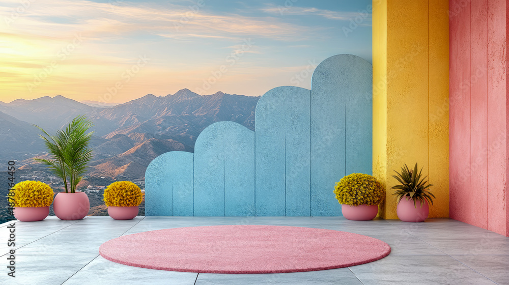 Fototapeta premium Vibrant Minimalist Outdoor Terrace Oasis with Panoramic Mountain Sunset Views, Featuring Modern Colorful Walls, Lush Plants in Pink Pots, and Serene Circular Rug