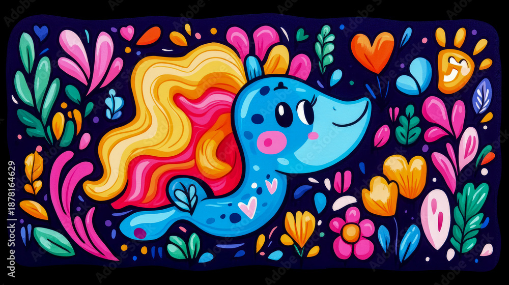 Obraz premium Adorable Blue Fantasy Creature with Flowing Multicolored Mane, Happily Drifting Through Magical Underwater Garden Bursting with Vibrant Flowers, Leaves, and Hearts