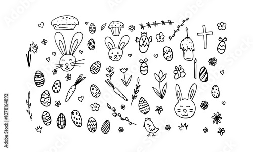 easter bunny, eggs, flowers, and other items are drawn in black and white