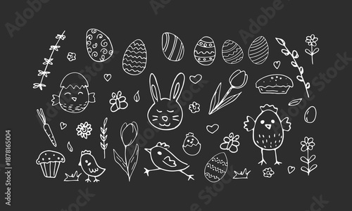easter doodles on black blackboard