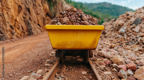 Yellow mine cart full of ore on a railway track in a quarry. Industrial mining and extraction of raw materials. Natural resource and commodity industry