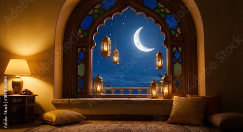Ramadan night scene through an Arabic style window with lanterns