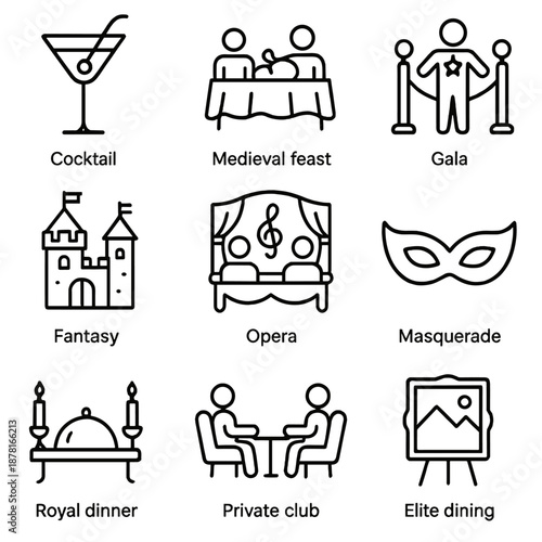 Elegant event icons set featuring cocktail, opera, masquerade, and elite dining