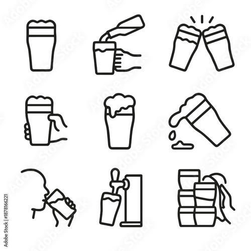 Beer icons set: glasses, pints, cheers, and pouring illustrations