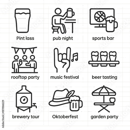Pint glass icons illustrating pub night, sports bar, and rooftop party themes