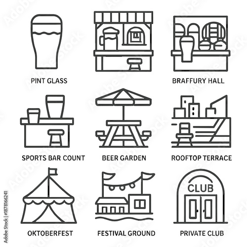 Outline icons of beer glass, brewery hall, oktoberfest tent, and rooftop terrace scenes