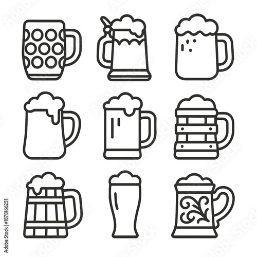 Variety of beer mug icon set featuring different styles and designs