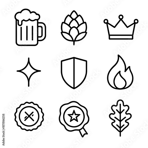 Craft beer icons with crown, shield, and nature elements in modern design