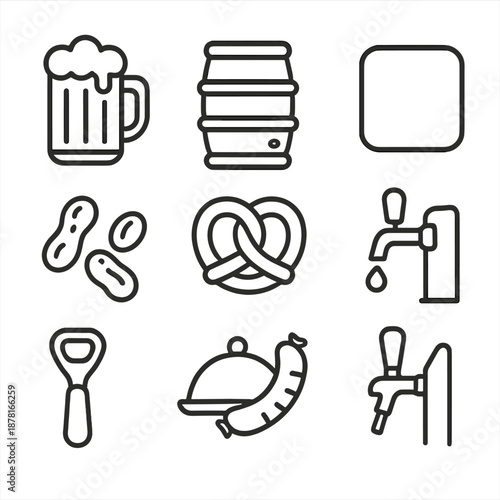 Beer and snacks icons set: mug, tap, keg, pretzel, peanut, sausage, opener