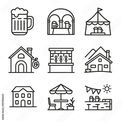 Icon set of pubs, tents, and houses for festival and outdoor events