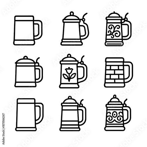 Vintage beer mugs collection - nine unique designs in black outline