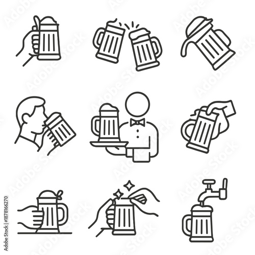 Beer mug icon set: line art styles for refreshing beverage concepts