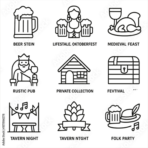 Oktoberfest celebration icons depicting beer, festivities, and traditional themes
