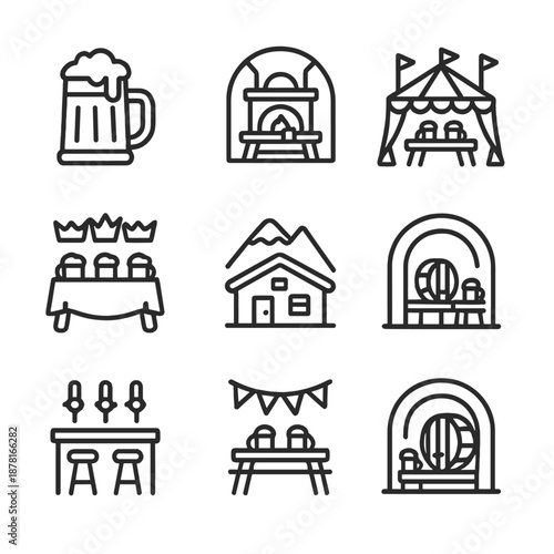 Oktoberfest icons: beer, tent, festival, table, mug, celebration, german culture