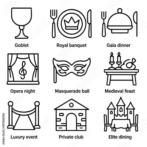 Elegant symbols of banquet, gala, and luxury events in minimalist style