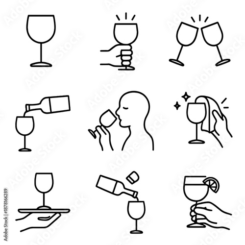 Wine icons set: tasting, pouring, cheers, and serving silhouettes