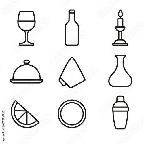 Elegant dining icons: wine, candle, plate, napkin, bottle, seamless pattern