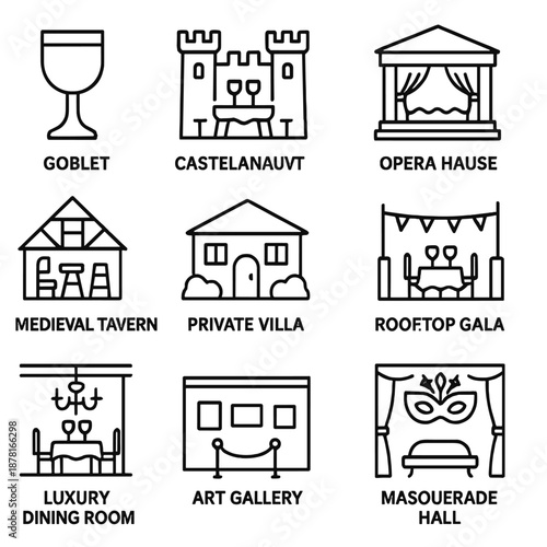 Elegant venue icons: theater, dining, events, and luxury settings