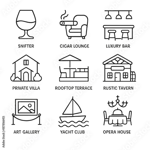Elegant line icons: snifter, cigar lounge, luxury bar, and more