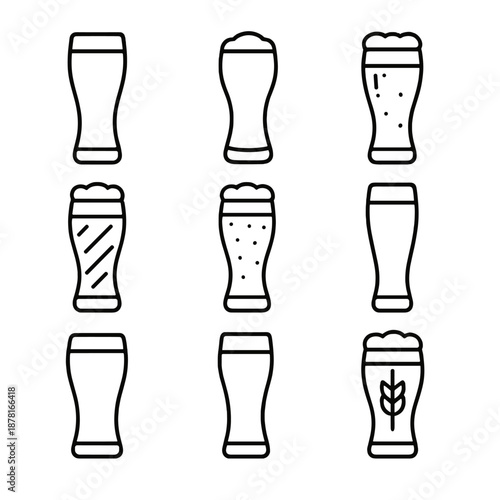 Minimalist black beer glass icons on gray background for craft brew design